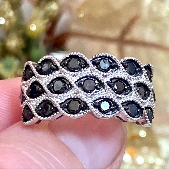 1 Carat Genuine Black Diamond 3 Row Anniversary Band Ring ~ Cocktail Dinner Ring - Picture 6 of 16